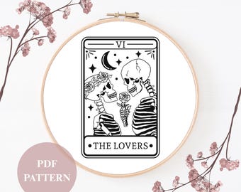 Tarot Lovers Card Embroidery Pattern Skeleton Couple Hand Stitch PDF Gothic Romance Hoop Art Instant Download Dark Mystic Design PDF