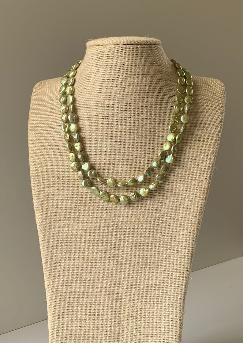 Double strand green fresh water pearls with gold filled clasp