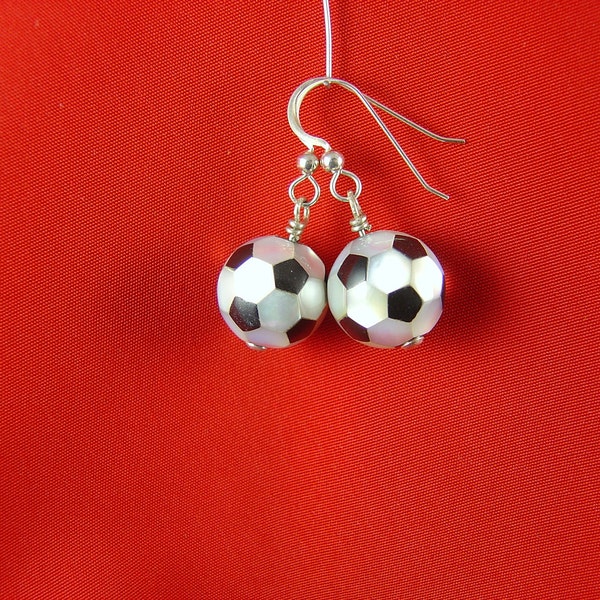 Mother of Pearl and Black Onyx soccerball earrings