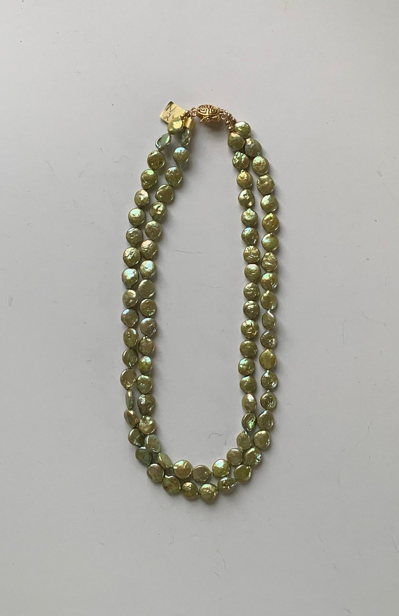 Double strand green fresh water pearls with gold filled clasp