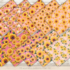 May include: Ten digital paper patterns featuring a pink background with yellow sunflowers. The patterns are seamless and can be used for scrapbooking, card making, and other craft projects.