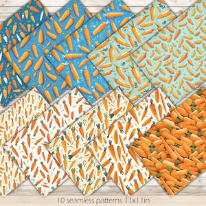 May include: Ten seamless digital paper patterns featuring a repeating pattern of orange carrots on a white, blue, or light blue background. The patterns are 1 inch by 1 inch.