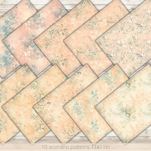 Könnte beinhalten: Zehn nahtlose digitale Papiermuster mit einem zarten Blumendesign in den Farben Pfirsich, Creme und Blau. Die Muster sind perfekt für Scrapbooking, Kartenherstellung und andere Bastelprojekte.