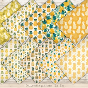 May include: Ten seamless digital paper patterns featuring pineapple designs in yellow, green, and white. The patterns are perfect for crafting, scrapbooking, and digital design projects.