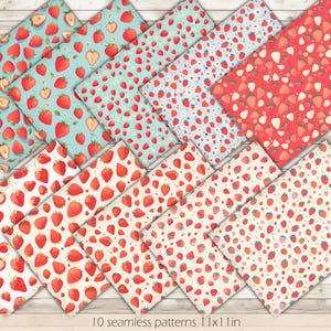 May include: Ten digital paper patterns featuring a seamless design of red strawberries on a variety of backgrounds, including white, blue, and cream. The patterns are 1x1 inches in size.