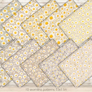 May include: Ten seamless digital paper patterns featuring white daisies with yellow centers on a beige background. The patterns vary in daisy size and density.