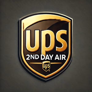 May include: A gold shield-shaped logo with the word "UPS" in large, bold, gold letters. The text "2ND DAY AIR" is below the word "UPS" in black letters. A smaller UPS logo is at the bottom of the shield.