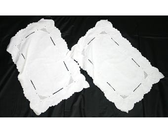 Vintage White Linen Embroidered Placemats Scalloped Edge Cutwork Set of 2