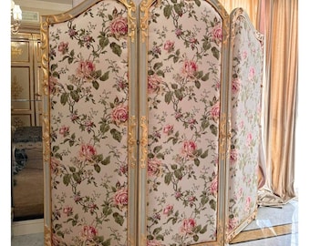 Classic Handmade Upholstered Screen Panel with rose-patterned fabric