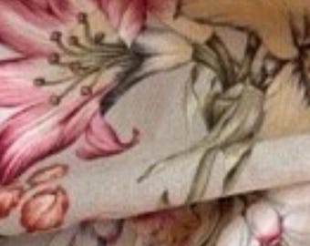 Vintage Margarita Spectrum Floral Fabric Lilies Tulips Pink Green Coral Tan REMNANT 55x 56