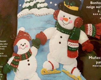 Retired Bucilla 2002 Large Christmas Stocking Kit Skating Snowman I Love Snow