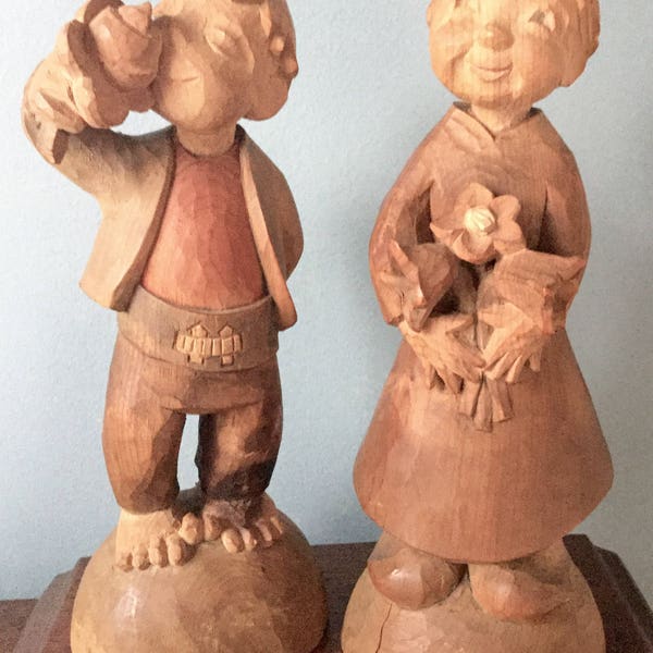 Pair Vintage Tirol Austria Wood Carving Figurines SWEET Boy and Girl Kunsthandwerk Agnes Greiner