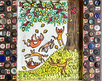 American Folk Art Artist Signed ‘Sour Pusses’ Whimsical Cats - Artsy Frame!