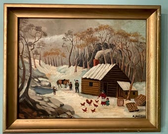 Vintage Folk Art Painting Primitive Homesteading Family