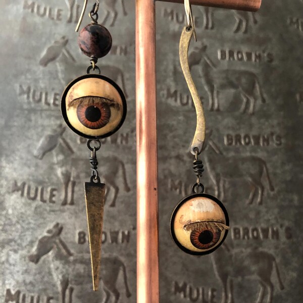 Doll eyeball antique gold plated fish hook , Shopbobbi , bobbi , mismatched , funky , handmade , OOAK , asymmetrical, dangle , halloween