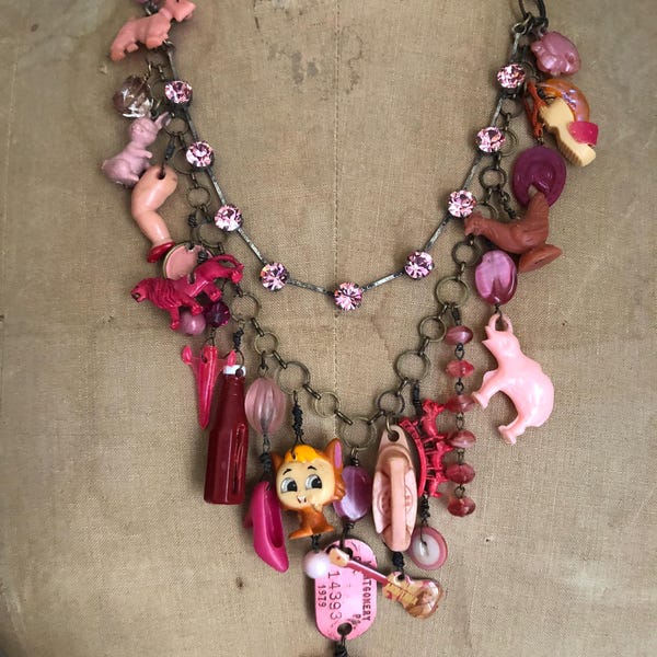 Fun pink junk necklace , statement necklace , flea market finds ,