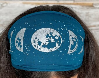 Maanfase, Hoofdband, Blauw, Yoga Band, Wandelband, Brede Band, Jersey Katoen, Wandelaar, Natuurliefhebber, Volle Maan,