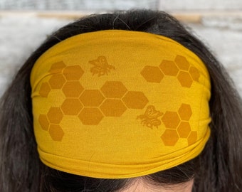 Honey Bee, Honey Comb, Headband, Face Cover, Yellow , Yoga Band, Hiking Band, Wide Band, Jersey Cotton, Hiker, Nature Lover
