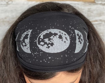 Moon Phase, Headband, Black, Yoga Band, Hiking Band, Wide Band, Jersey Cotton, Hiker, Nature Lover, Full Moon,