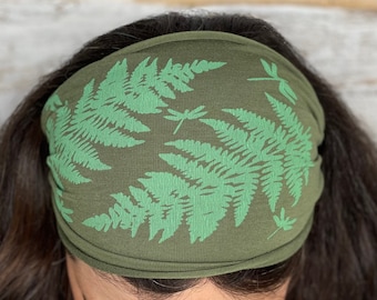 Fern, Dragonfly, Headband, Green, Yoga Band, Hiking Band, Wide Band, Jersey Cotton, Hiker, Nature Lover