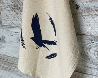 Crow Feathers, Tea Towel, Dish Towel, Kitchen Gift, Flour Sack Cotton, Chef Gift, Housewarming Gift, Bird Watcher Gift, Nature Lover