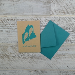Rakieta śnieżna, pusta karta, wędrówki po Maine, szlak Appalachów, koperta, sitodruk, nadruk ręczny, papier z recyklingu, papier typu kraft, plastik kompostowalny