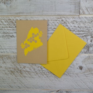 Pszczoła miodna, stan Maine, pusta karta, koperta, sitodruk, nadruk ręczny, papier z recyklingu, papier typu kraft, plastik kompostowalny, kartka urodzinowa
