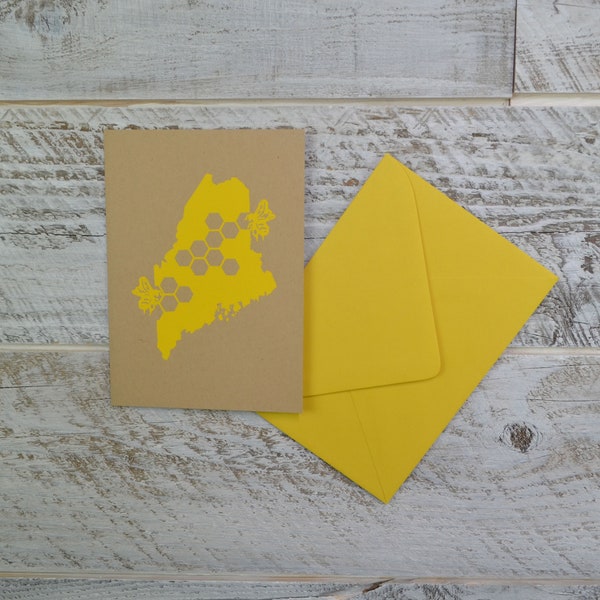 Honey Bee, Maine State, Blank Card, Envelope, Silkscreened, Handprinted, Recycled Paper, Kraft Paper, Compostable Plastic, Birthday Card
