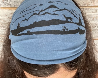 Feather, Headband, Slate Blue, Yoga Band, Hiking Band, Wide Band, Jersey Cotton, Hiker, Nature Lover, Woodland, Forest