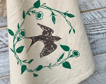 Swallow Bird, Tea Towel, Morning Glory, Flowers, Dish Towel, Flour Sack Cotton, Chef Gift, Housewarming Gift, Nature Lover