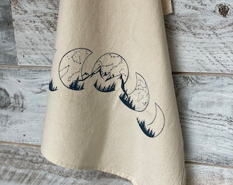 Moon Phase, Tea Towel, Dish Towel, Kitchen Gift, Flour Sack Cotton, Chef Gift, Housewarming Gift, Mountains, Star Gazing, Nature Lover