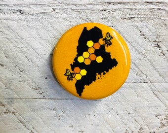 Honey Bee Pin, Maine State, Honey Comb, Button, Bee ME, Bee Button, Beekeeper Pin, Button Honey Bee