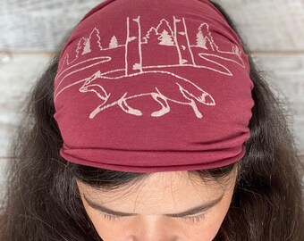 Fox, Birch Trees, Headband, Maroon, Yoga Band, Hiking Band, Wide Band, Jersey Cotton, Hiker, Nature Lover, Forest Animal,