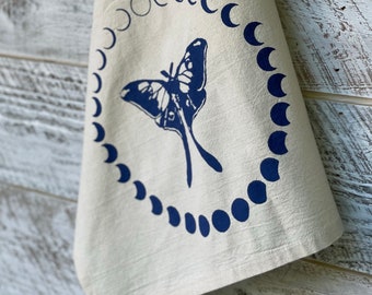 Luna Moth, Moon Phase, Tea Towel, Dish Towel, Flour Sack Cotton, Chef Gift, Housewarming Gift, Nature Lover
