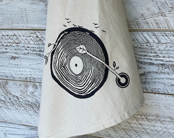 Record Player, Woodland, Music Lover, Dish Towel, Flour Sack Cotton, Chef Gift, Housewarming Gift, Nature Lover