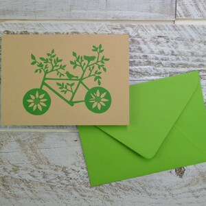 Miłośnik natury, Rower, Pusta karta, Papier z recyklingu, Plastik kompostowalny, Ekologiczny, Zielony, Kartka urodzinowa, Papier typu kraft, Koperta, Ptak