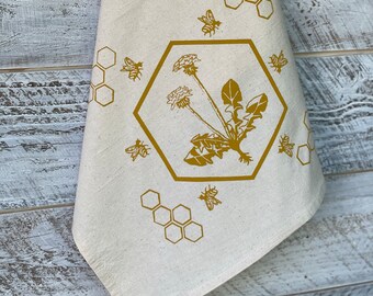 Dandelion, Honey Bee, Tea Towel, Honey Comb, Beekeeper Gift, Dish Towel, Flour Sack Cotton, Chef Gift, Housewarming Gift, Nature Lover