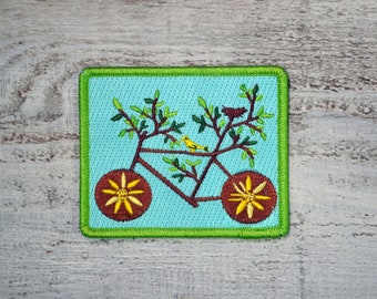 Embroidered Iron On Patch Bike Tree with Bird and Nest