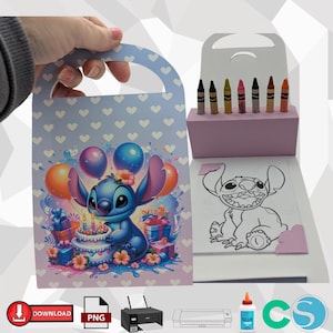 Peut inclure: Une boîte de fête imprimable mettant en scène Stitch de Lilo & Stitch. La boîte est décorée d'un motif de cœurs bleus et blancs et d'une image colorée de Stitch tenant un gâteau d'anniversaire. La boîte comprend une page à colorier de Stitch et un jeu de huit crayons.