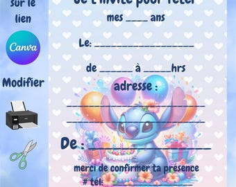 Carte invitation et son enveloppe assortie, STITCH, modifiable sur Canva, changer le texte, format 8.5 x 11, imprimer et couper