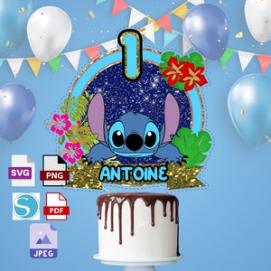 May include: Blue Stitch character cake topper with a gold glitter background and the number 1. The topper has a banner with the name Antoine.