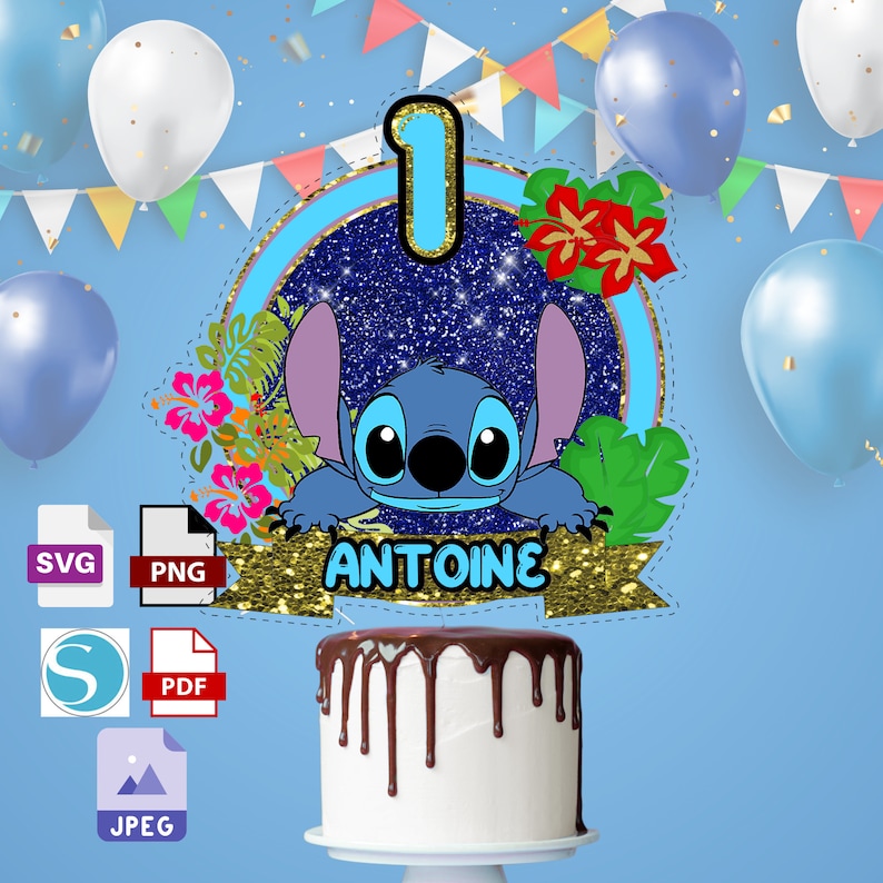 May include: Blue Stitch character cake topper with a gold glitter background and the number 1. The topper has a banner with the name Antoine.
