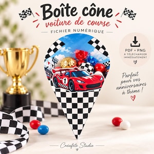 Treat cone-shaped racing car box, 3 designs (red, blue, yellow), PDF/PNG, Print and cut, Digital file, 10 3/4"H x 6 1/2"L