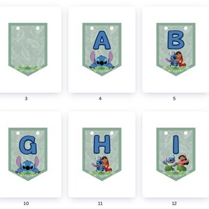 May include: A set of 14 printable pennant banners featuring the characters Stitch and Angel from the Disney movie Lilo & Stitch. Each banner features a letter of the alphabet, with Stitch and Angel in the background.