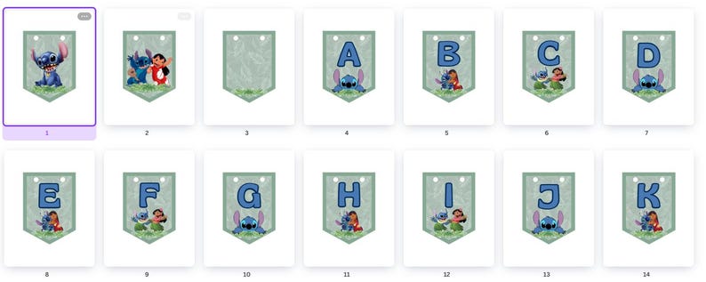 May include: A set of 14 printable pennant banners featuring the characters Stitch and Angel from the Disney movie Lilo & Stitch. Each banner features a letter of the alphabet, with Stitch and Angel in the background.