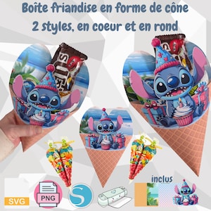 Puede incluir: Cajas de golosinas en forma de cono con un diseño en forma de corazón, con un personaje de dibujos animados. Las cajas están decoradas con un personaje azul que lleva un gorro de fiesta y sostiene una magdalena. La imagen incluye iconos de archivos SVG y PNG.