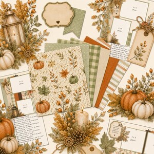 Op de afbeelding: Een digitale scrapbooking-set met herfstthema, inclusief pompoenen, lantaarns, kaarsen en bladeren. De collectie bevat patronenpapier, fotolijsten, labels en kaartjes in tinten van oranje, groen en crème.