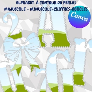 Pode incluir: Um design de alfabeto com contornos de pérolas, com letras maiúsculas e minúsculas, números e laços. As letras são preenchidas com um céu e um design de paisagem verde. O texto "ALPHABET À CONTOUR DE PERLES" está no topo.