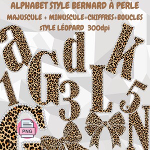 Peut inclure: Une collection de lettres, de chiffres et de nœuds en imprimé léopard. Les lettres et les chiffres sont bordés d'une bordure perlée. L'image comprend le texte "ALPHABET STYLE BERNARD À PERLE MAJUSCULE + MINUSCULE+CHIFFRES+BOUCLES STYLE LÉOPARD 300dpi PNG".