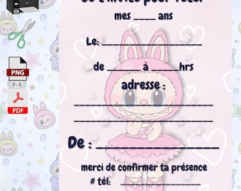 Invitation card and matching envelope, Little smiling monster girl, child, print - cut - complete, 8.5 x 11 cm format
